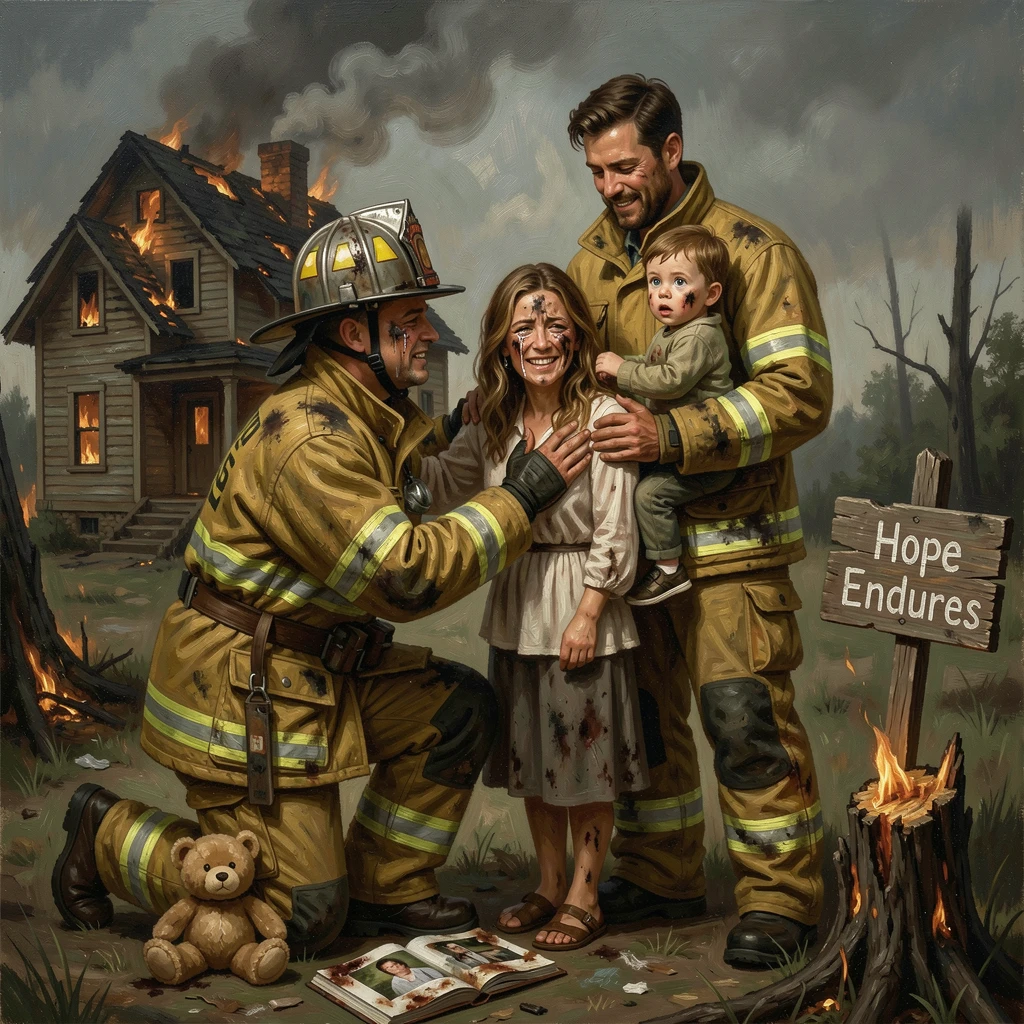 A firefighter comforting a family after saving their home from a blaze, with tears, laughter, or relief visible in vivid detail, offering a genuinely moving and unforgettable emotional moment