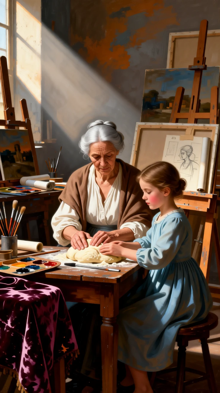 A grandmother teaching a child to knead bread dough holding perfectly still in contemplative silence, set in an artist's cluttered studio strewn with canvases, with a single shaft of light illuminating an expressive face; warm and cool tones contrast to separate figure from background, conveying quiet dignity and inner life.