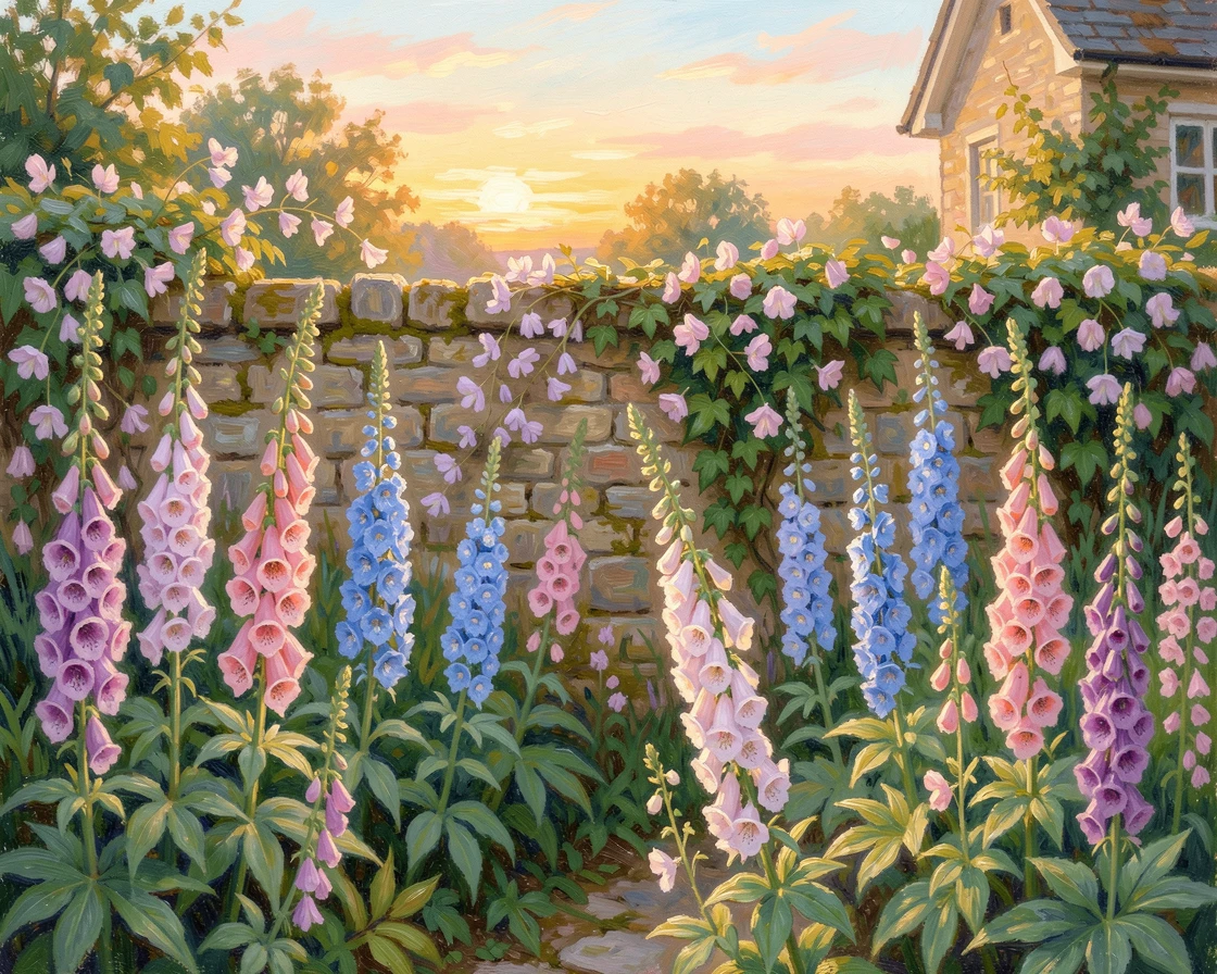 A cottage garden overflowing with foxgloves, delphiniums, and climbing sweet peas along a stone wall, under a glowing sunset sky, filled with warmth and nostalgia.