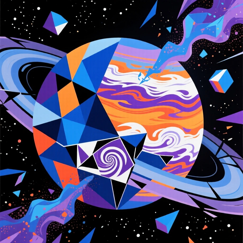A stunning cosmic view of a colorful gas giant with swirling storms framed by trailing wisps of cosmic dust.