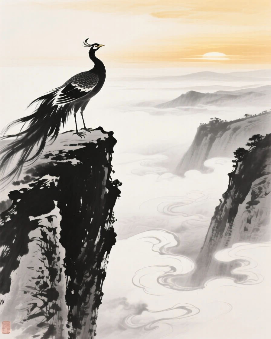 A phoenix perches on a cliff edge overlooking a valley of clouds, as golden light spreads across the horizon.