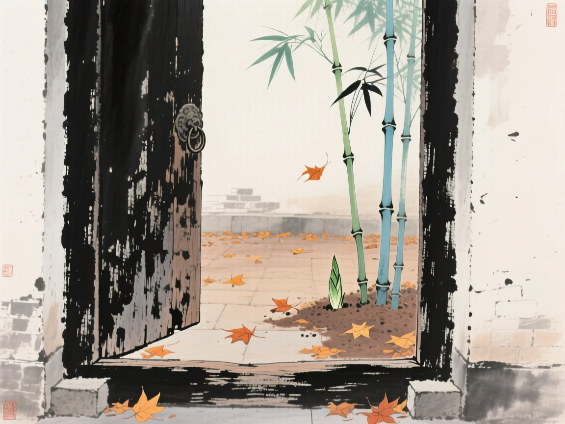 An old wooden door left ajar onto a courtyard of fallen leaves, as new bamboo shoots break through the soil.