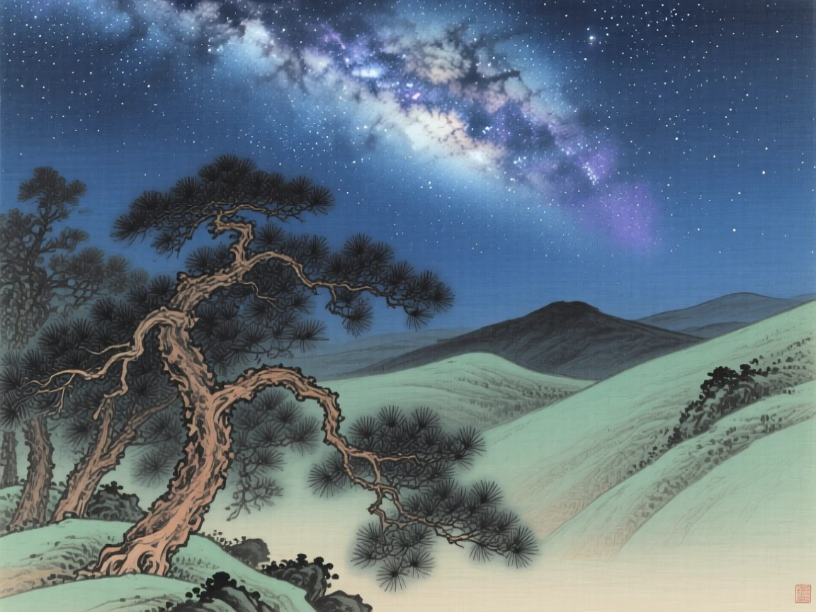 The milky way stretching over a quiet valley, framed by the silhouettes of ancient pine trees