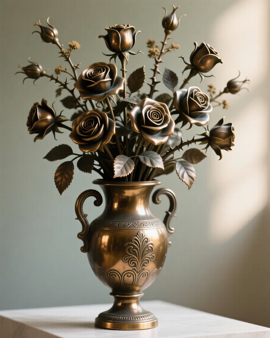 A bouquet of wild roses arranged in an antique vase, rendered with soft natural light and rich texture, forming an elegant, balanced composition