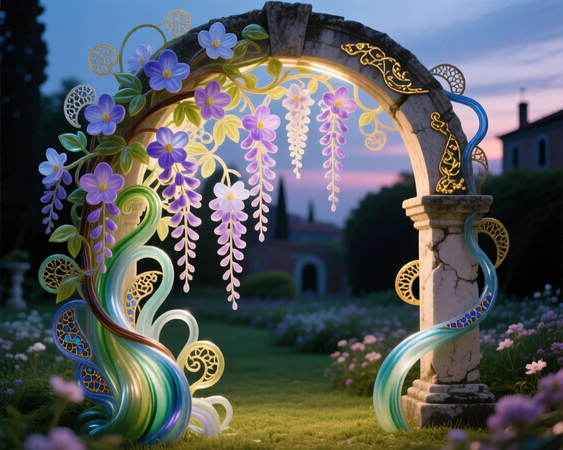A field of blooming wisteria cascading over an ancient garden archway at dusk, romantic and lush.