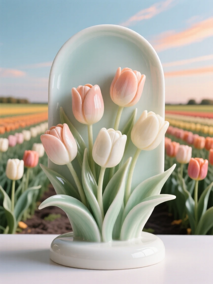 A cozy autumn moment: tulip fields stretching under a soft spring sky, bathed in soft seasonal light.