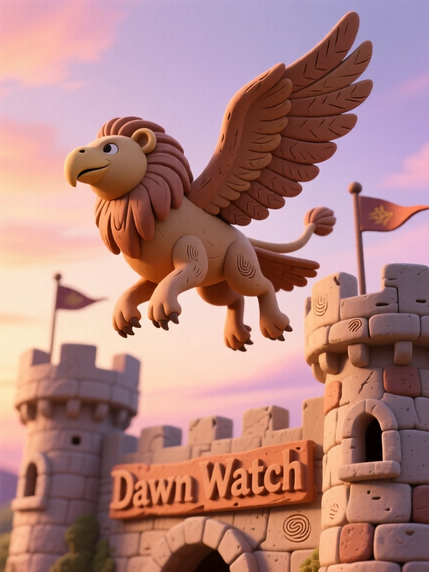 A hippogriff soaring above a medieval castle at dawn