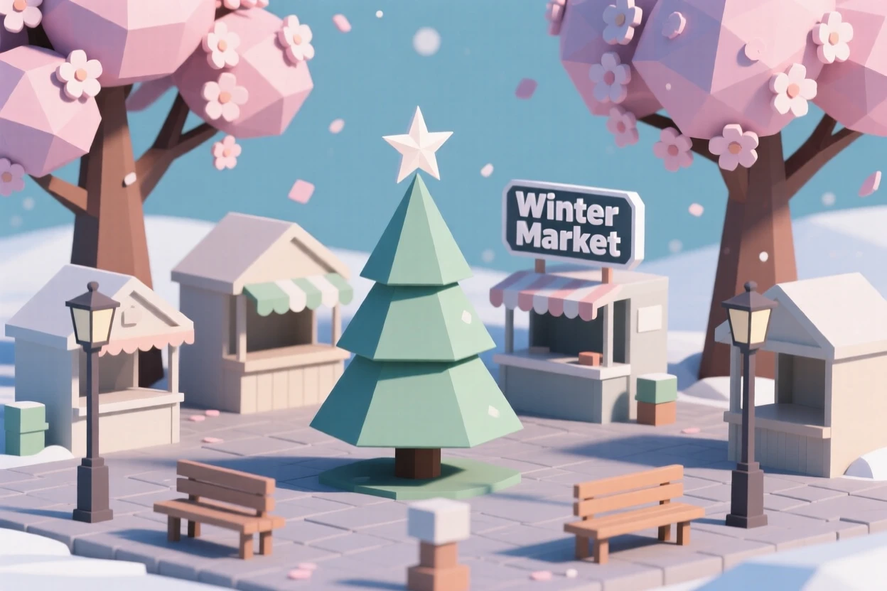 A festive market square decorated for winter holidays, beneath blooming cherry blossoms. the composition centers on the main celebratory focal point. The mood feels cozy and nostalgic.