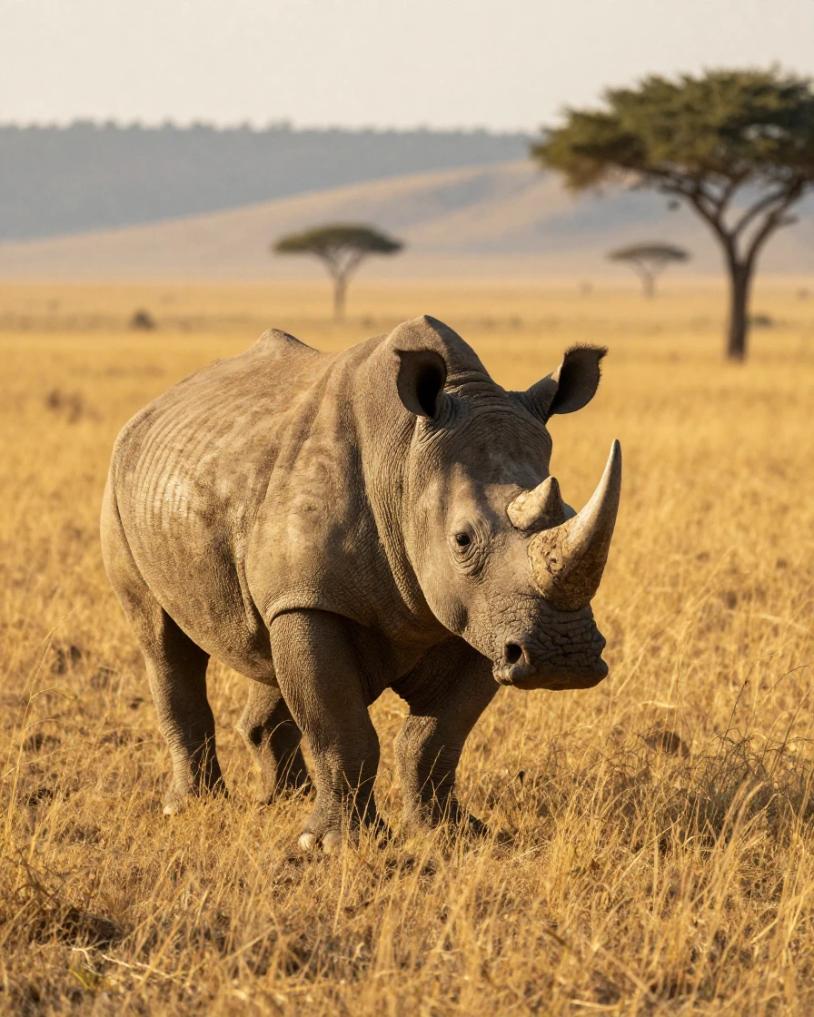 A rhinoceros standing majestically in golden savanna grass