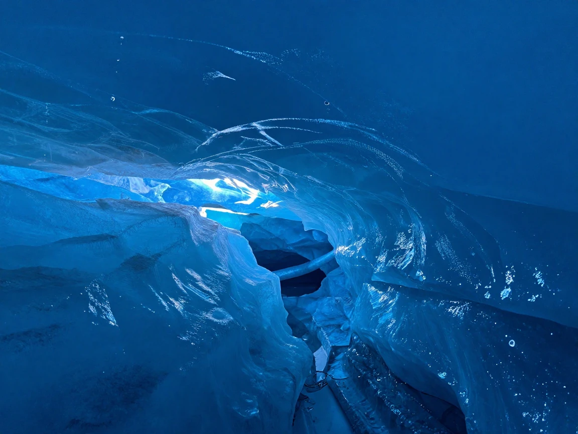 A hidden ice cave glows blue from light filtering through a glacier overhead.