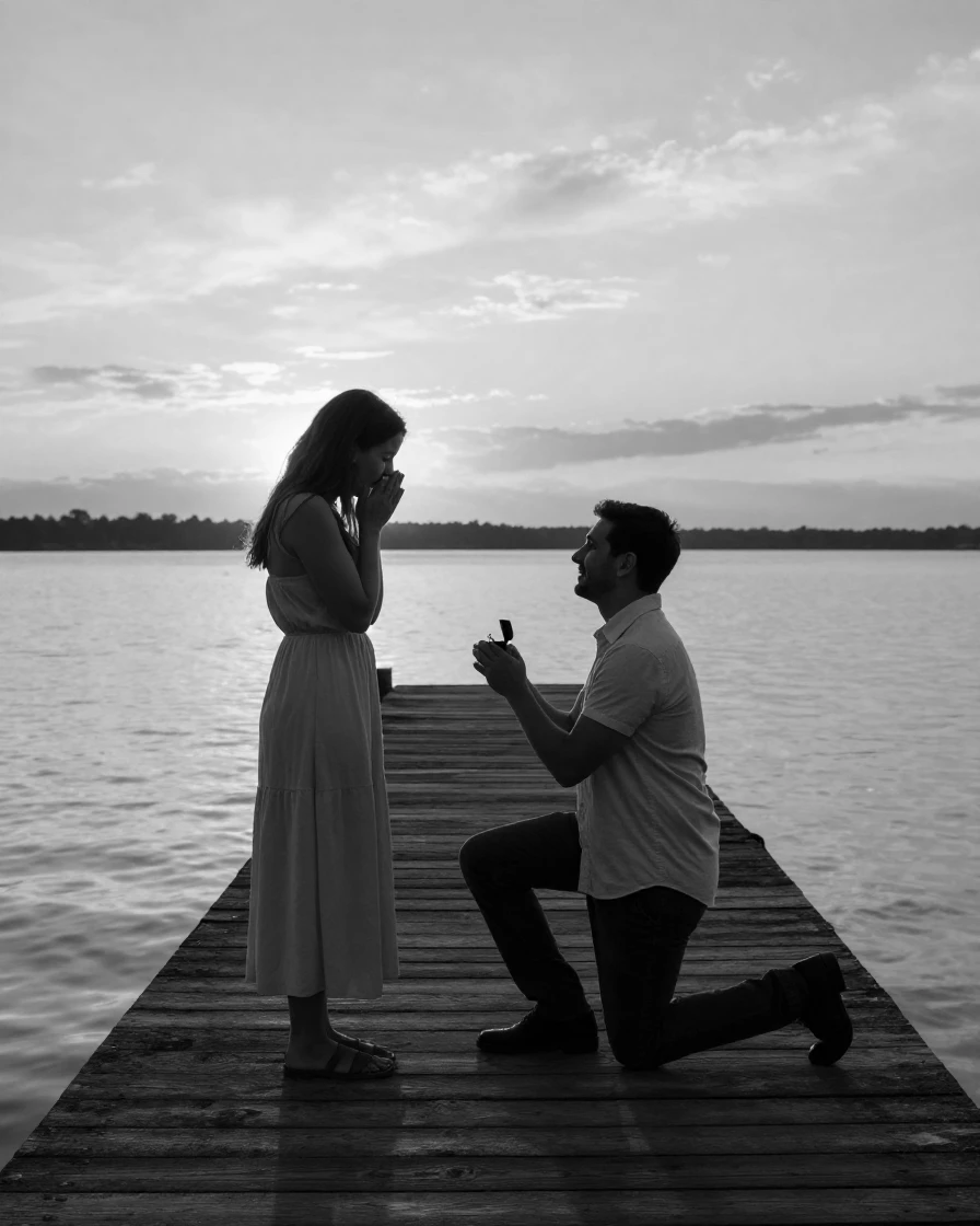 A proposal unfolds on one knee at sunset on a quiet pier.