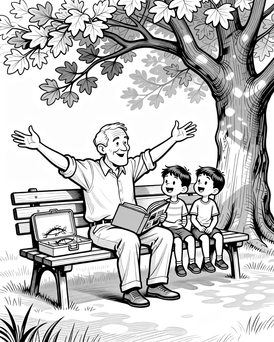 A grandfather showing photo albums to wide-eyed grandkids, throwing both arms wide to act out the biggest wave, set on a park bench beneath old oak trees. A tackle box sits open, lures gleaming in the sun. It feels like a living memory, cherished and ongoing.
