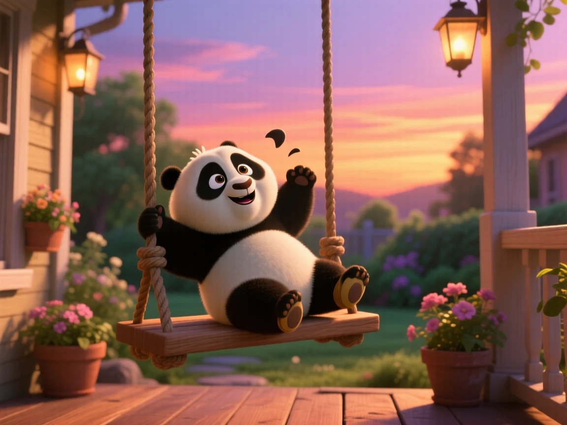 A baby panda cub is sitting on a porch swing at sunset, rolling gently onto its back. The mood is soft, tender, and endearing, with warm colors filling the background.