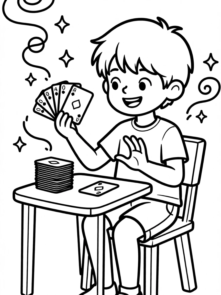 A child practicing magic tricks with a deck of cards