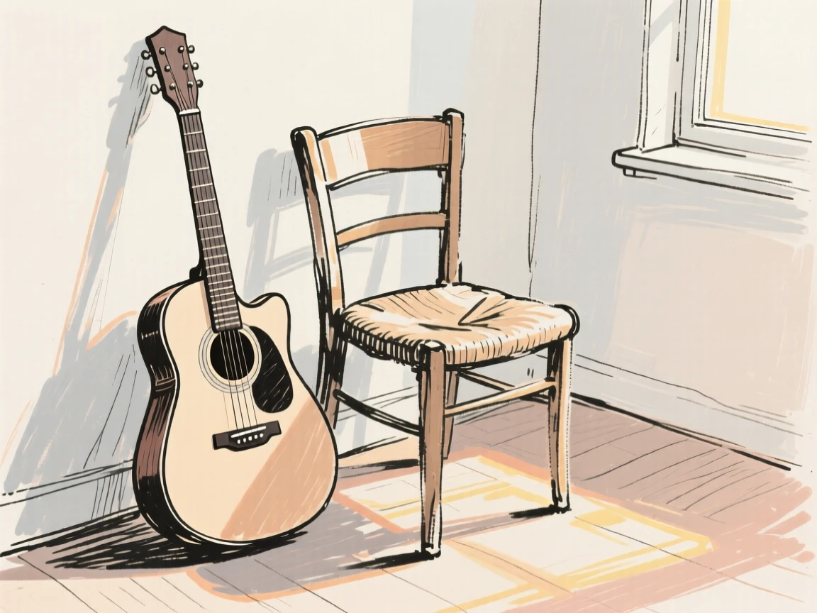An acoustic guitar leaning against a chair in a sunlit room.