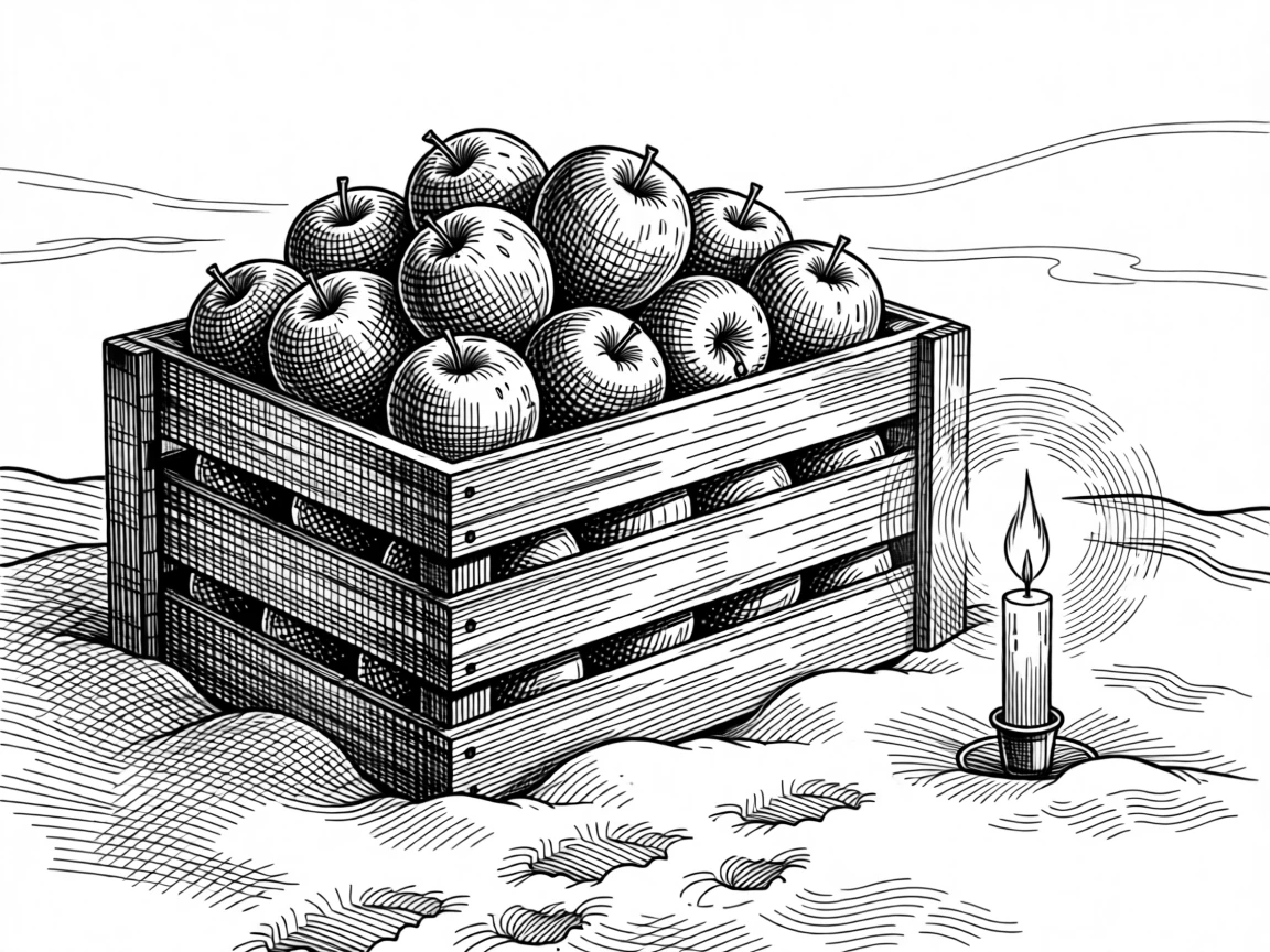 A harvest of apples in a wooden crate with soft candlelight flickering nearby, with footprints trailing through fresh snow, capturing a peacefully magical seasonal moment.