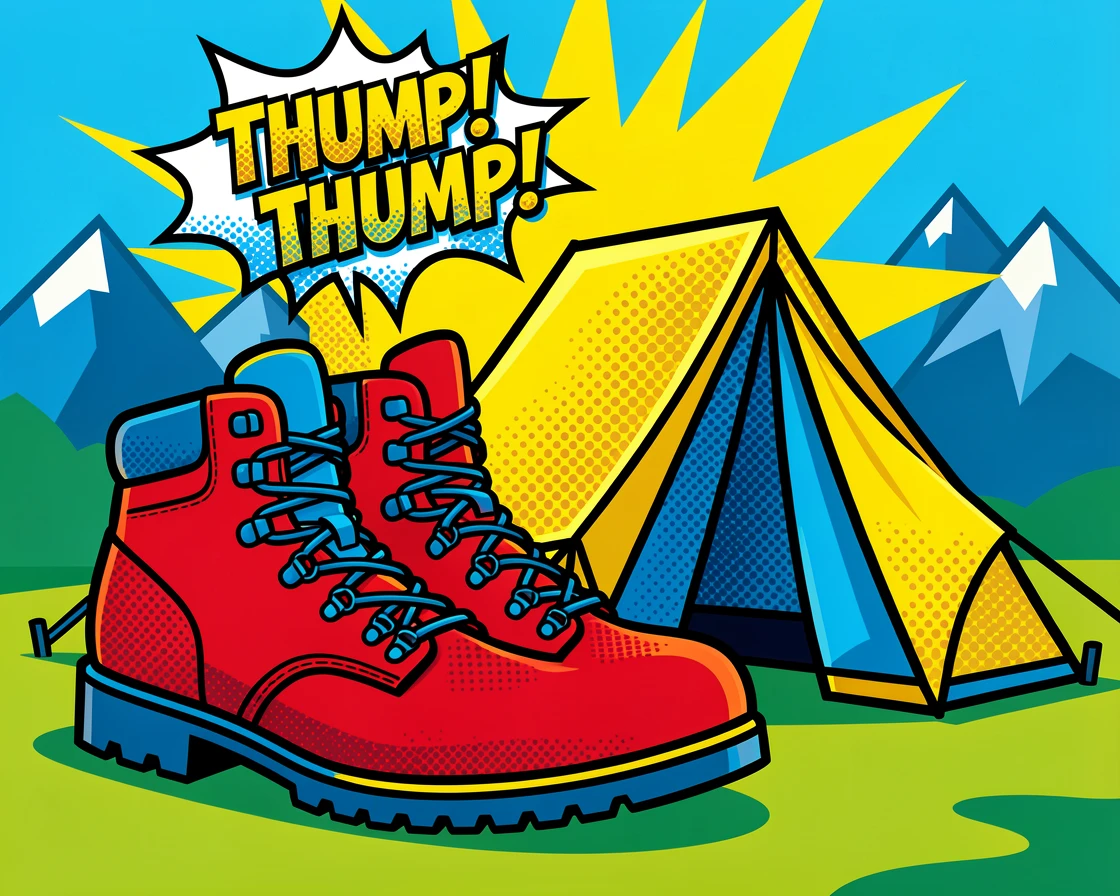 A pair of hiking boots resting beside a tent at a mountain campsite
