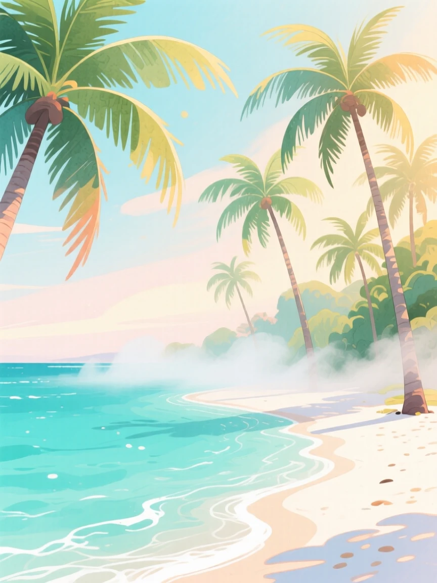 A tropical beach with turquoise water and swaying palms, with gentle mist rolling low across the ground, capturing the breathtaking beauty of untouched nature.