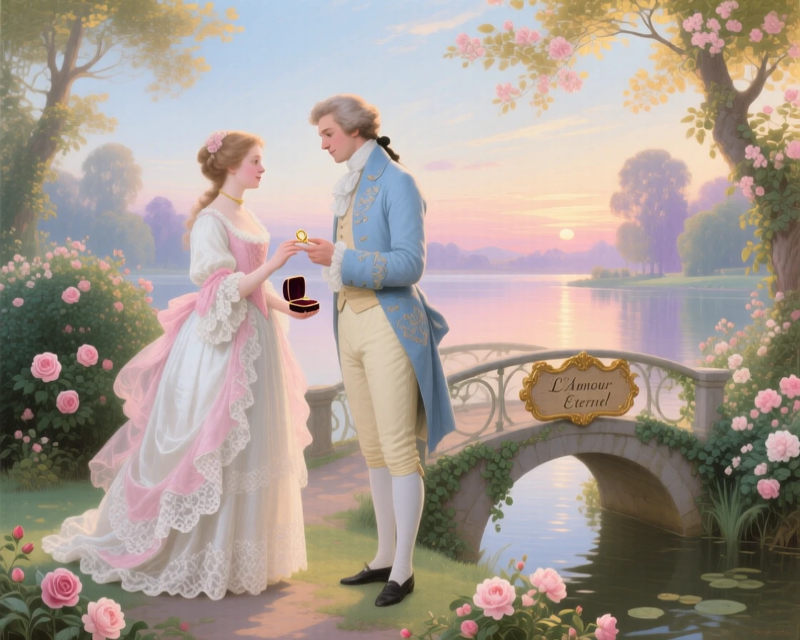 A young couple exchanging rings beside a lake at sunrise  