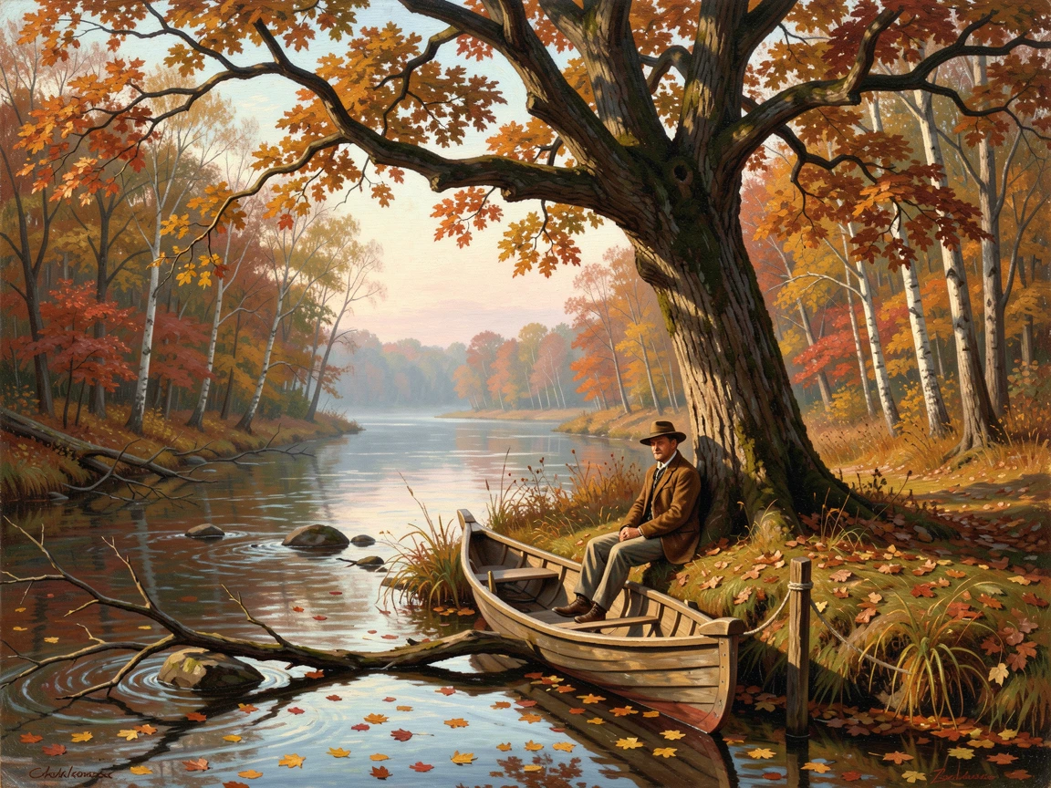 A boatman rests beside a quiet river bend shaded by trees as autumn leaves drift downstream.