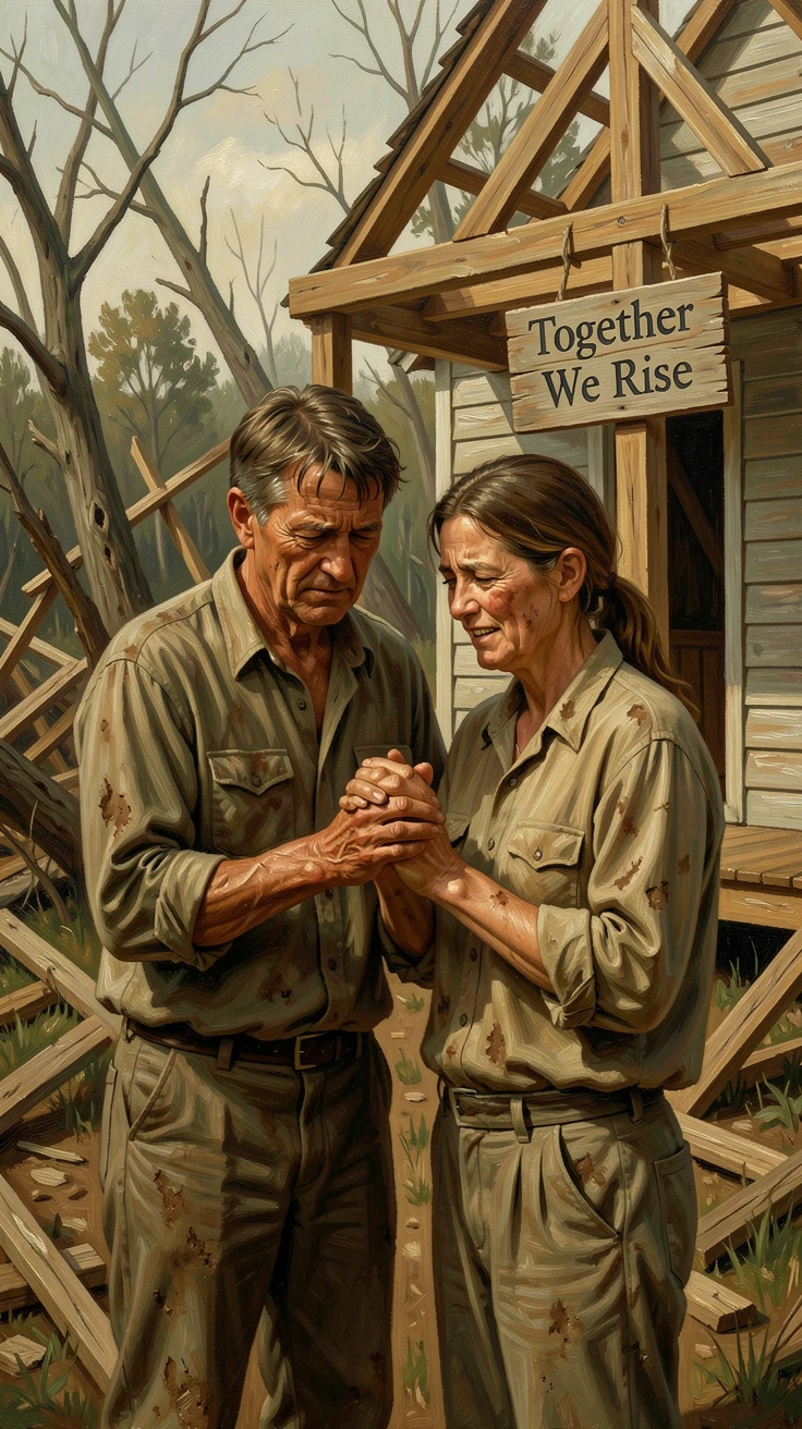 A survivor of a natural disaster helping rebuild a neighbor's home, with hands clasped tightly, conveying connection and support, offering a genuinely moving and unforgettable emotional moment