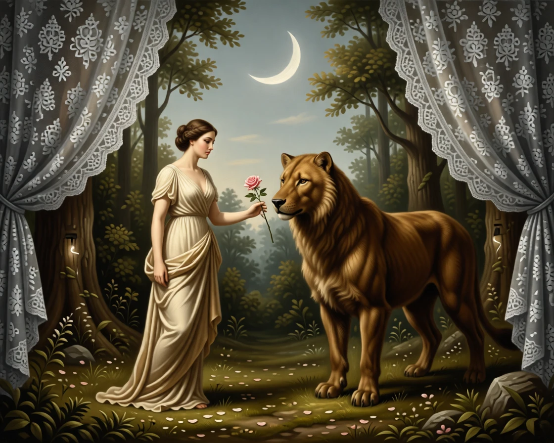 Beauty offering a rose to a gentle, misunderstood beast in a scene familiar yet freshly reimagined, set within an enchanted forest clearing bathed in soft light, with a crescent moon rising behind delicate lace curtains; the composition frames the central figure like a page brought to life, suggesting the enduring power of myth and memory.