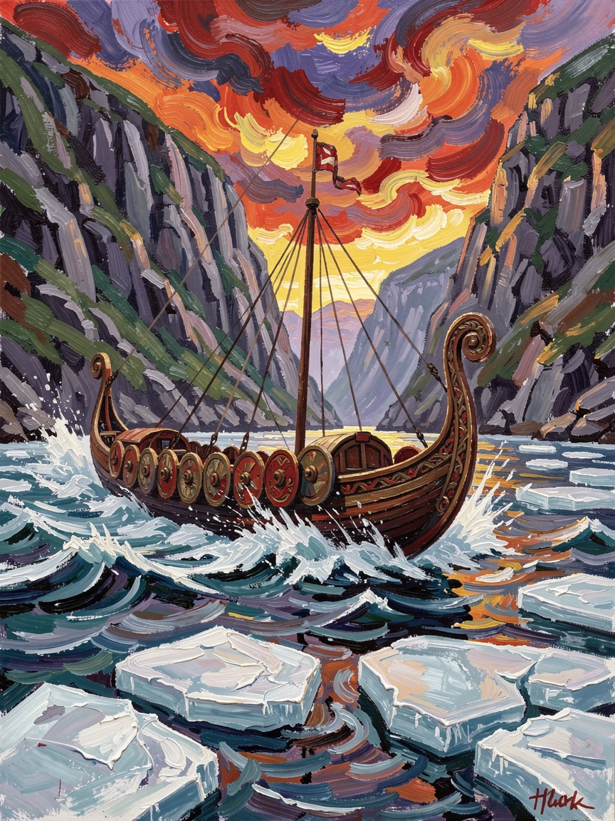 A Viking longship cutting through icy fjord waters beneath a dramatic dawn sky.
