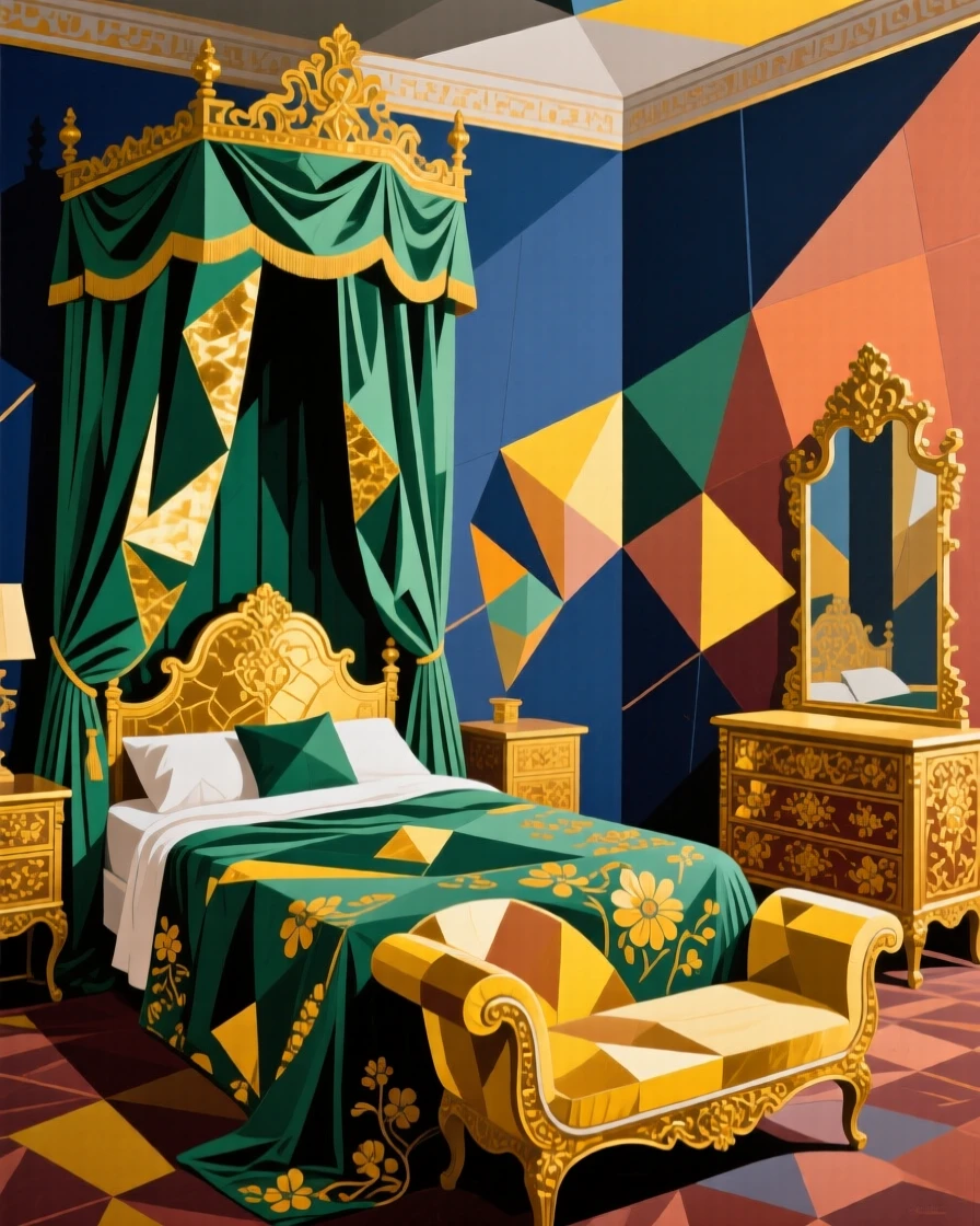 An elegant architectural view of an ornate palace bedroom with silk drapes and gilded furniture.