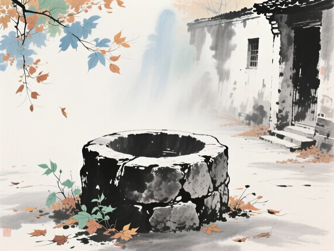 An old stone well standing quietly in an abandoned courtyard, at the turn of autumn, through a light drifting mist, at midday.