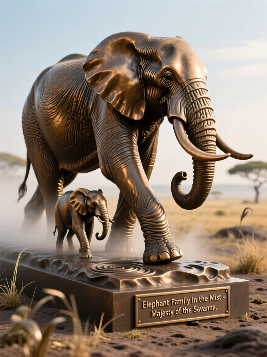 An elephant family walking across the savanna, surrounded by atmospheric mist and light, evoking wonder and majesty