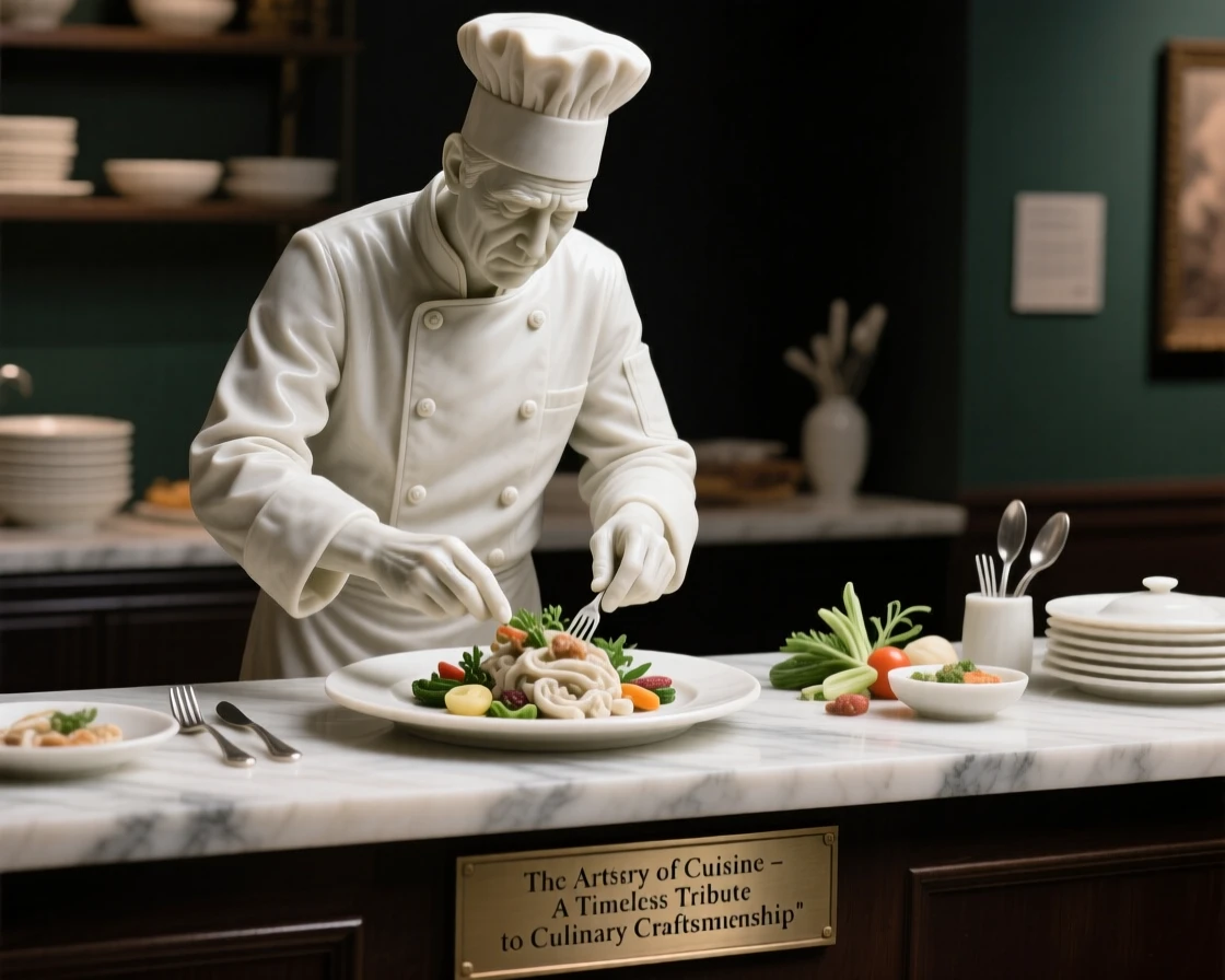 An evocative depiction of a chef plating a beautifully arranged dish, captured with cinematic depth and detail, balancing detail with emotional depth