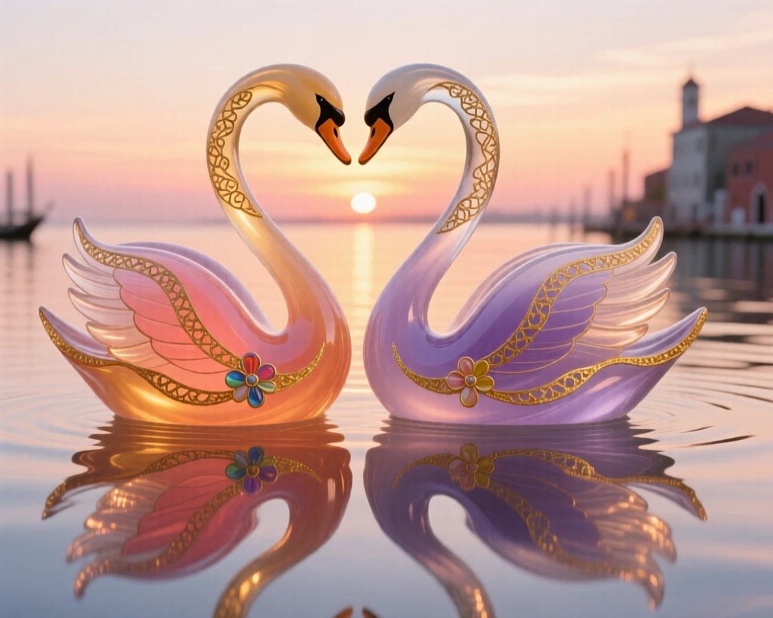 A pair of swans forming a heart shape above their rippling reflection at sunset, romantic and iconic.