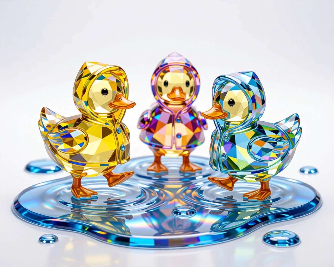A whimsical scene of baby ducklings wearing tiny raincoats in a puddle.