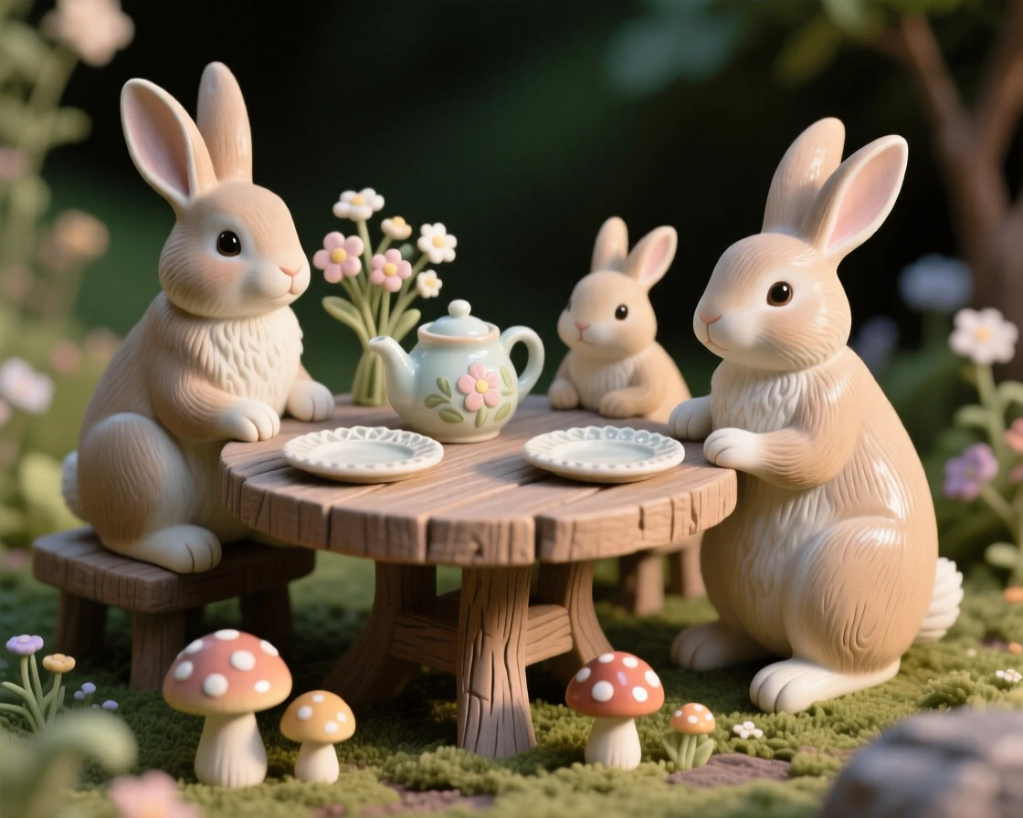 A rabbit family gathered around a garden table frozen in a scene of cozy togetherness, dotted with small whimsical touches throughout, capturing the magic of imaginative make-believe.