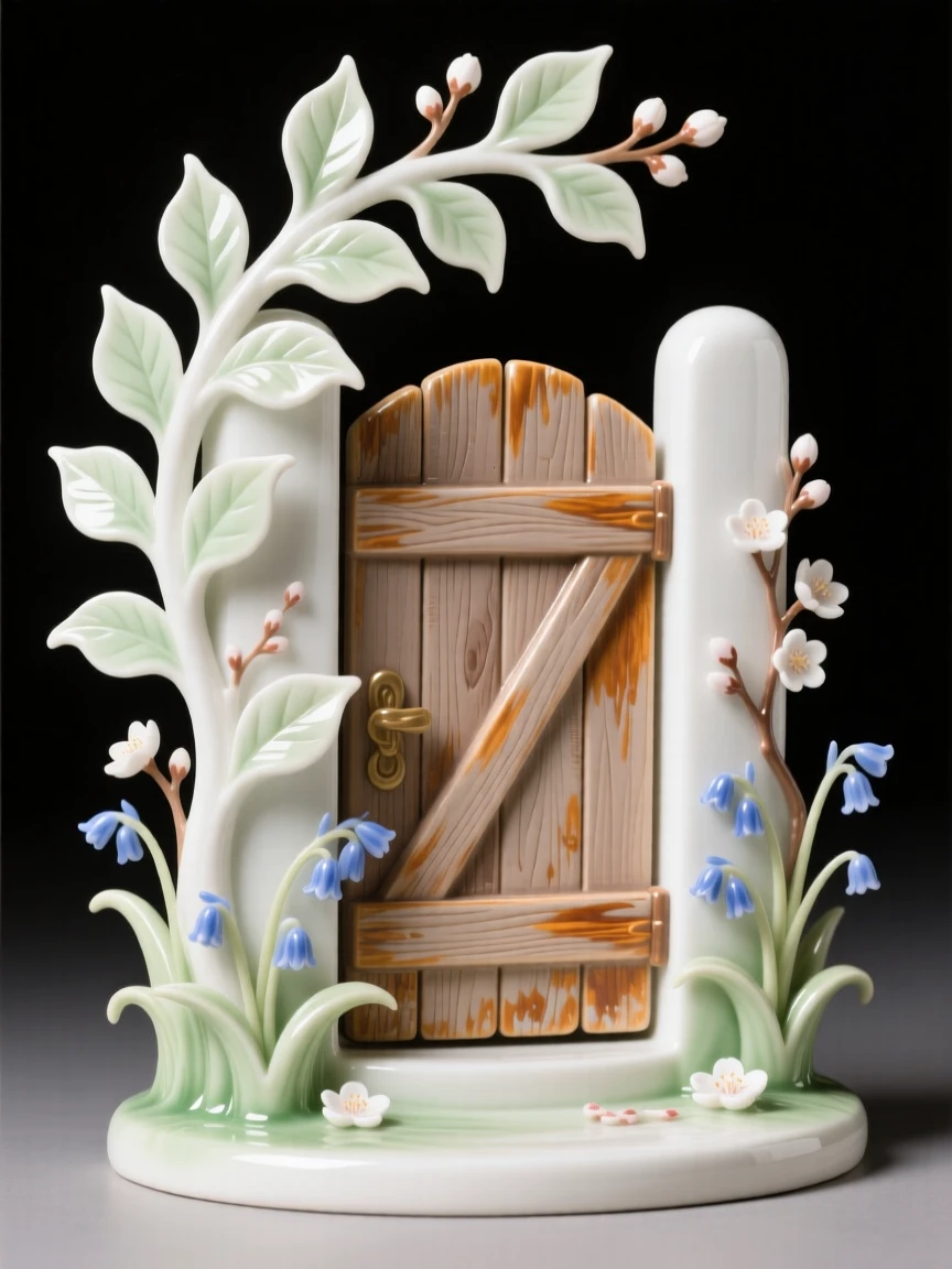 A cozy spring moment: leaves swirling around a rustic wooden gate, evoking warmth and nostalgic comfort.