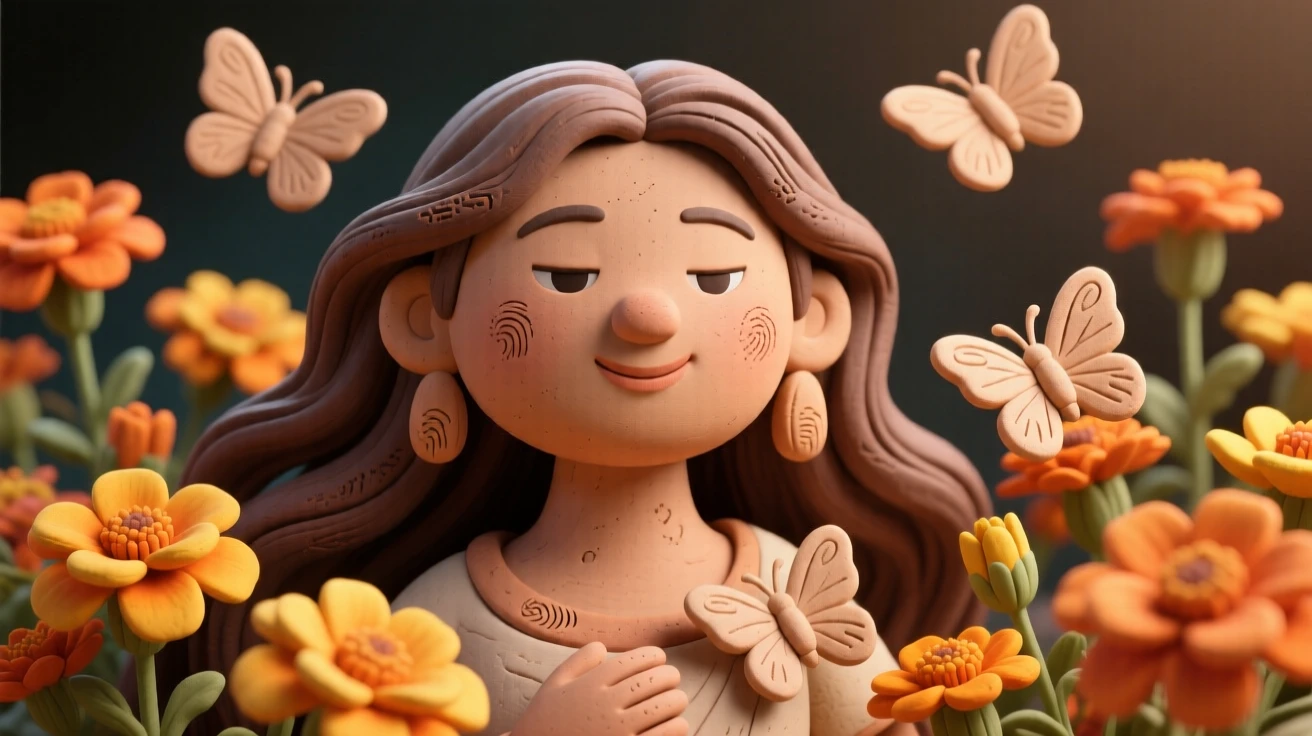 Xochiquetzal surrounded by blooming marigolds and butterflies