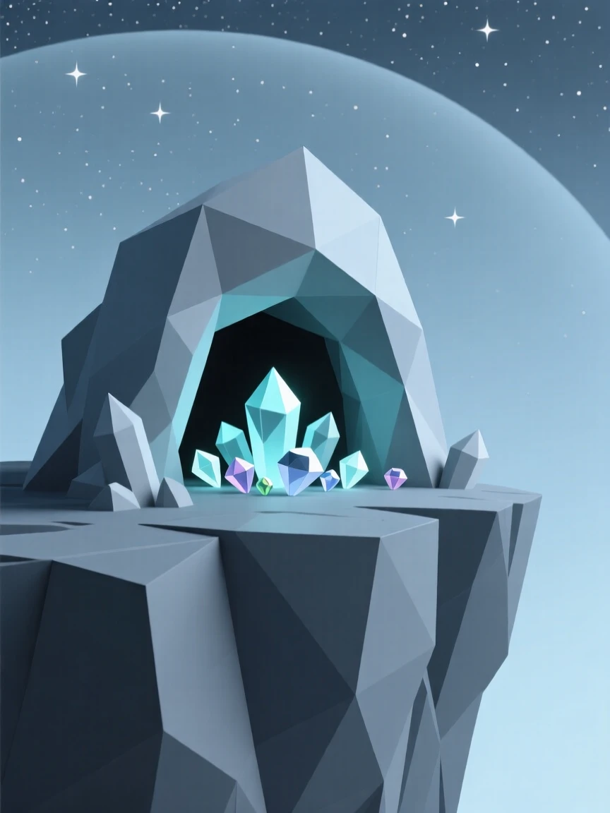 A crystal cave filled with glowing gemstones, atop a cliff overlooking an endless starry sky. the composition frames the subject as a clear focal point. A sense of quiet enchantment fills the air.