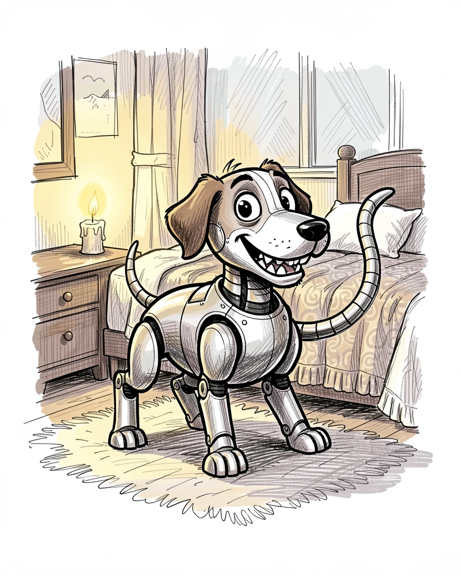 A robot dog wagging a metal tail inside a cozy candlelit bedroom.