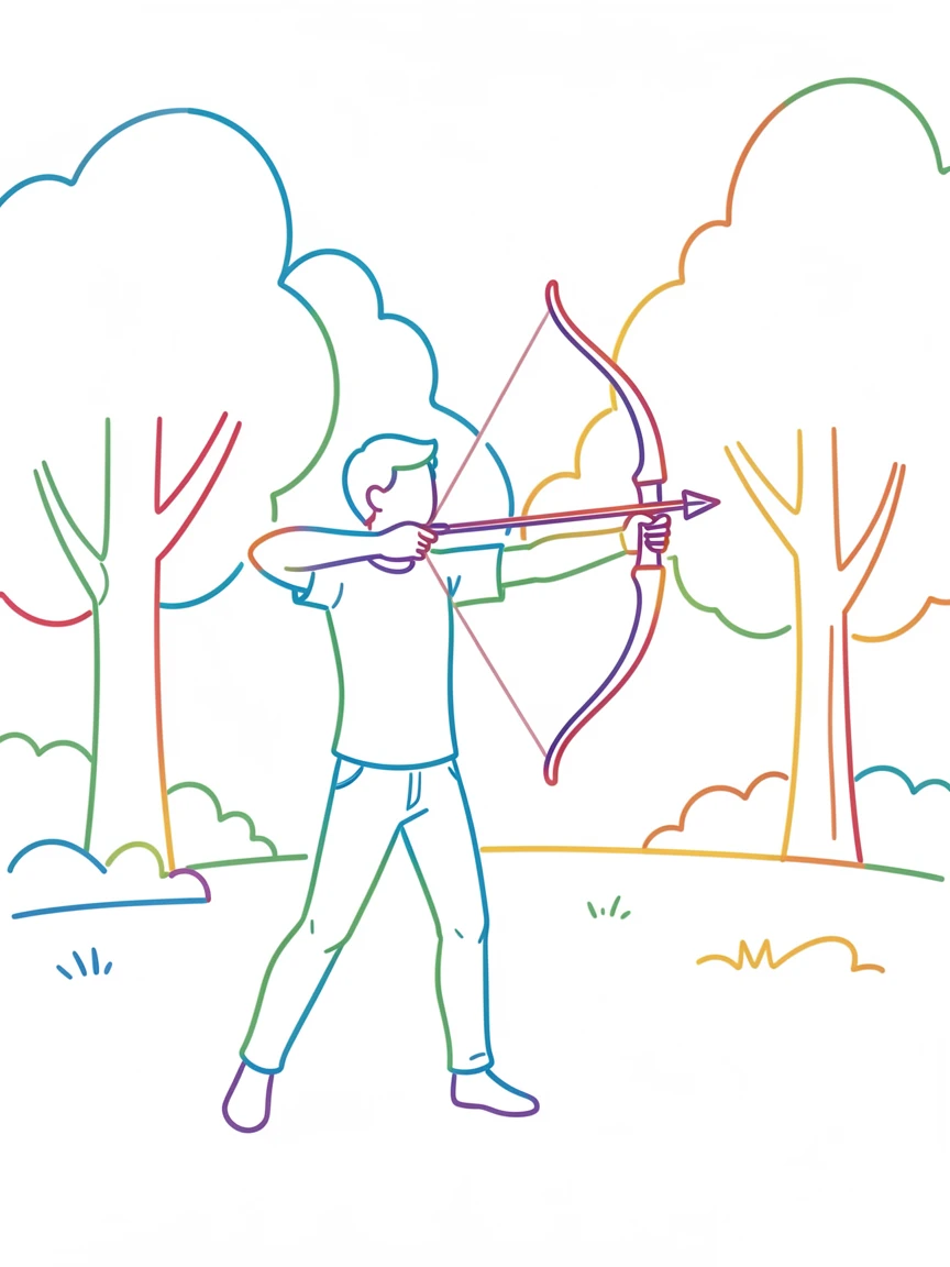 A person practicing archery at an outdoor range surrounded by trees.