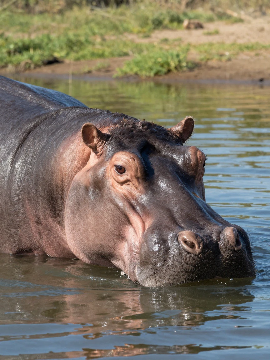 A hippopotamus submerged with just its eyes above the water