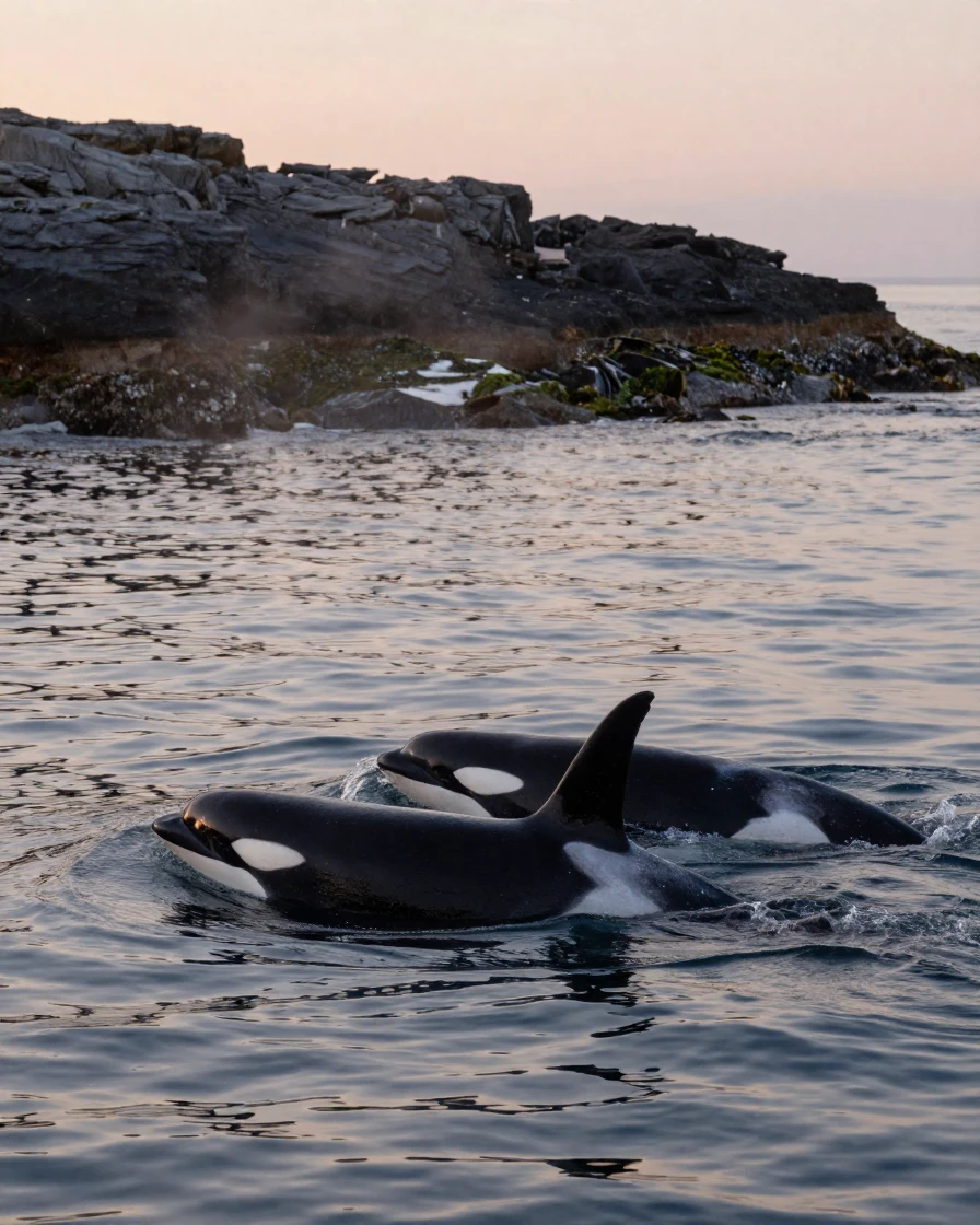 A pod of orcas surfaces together near a rocky coastline at dawn.