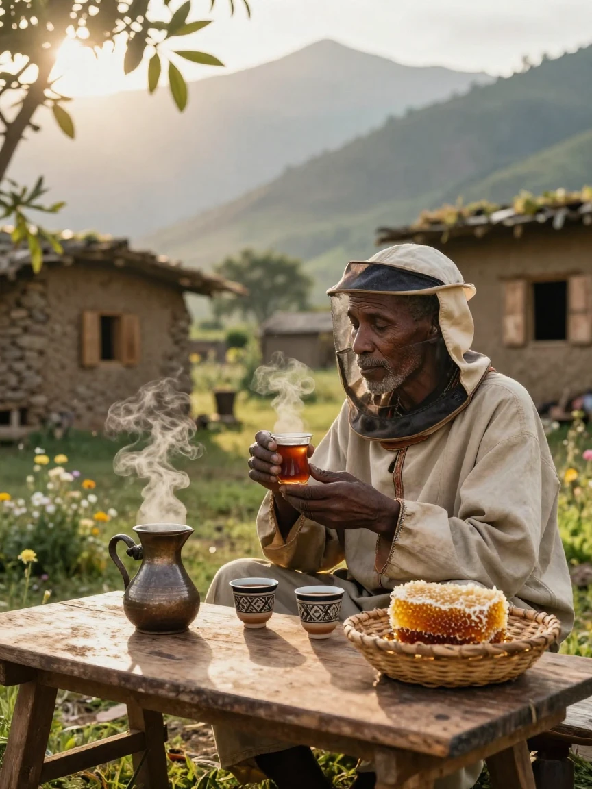 A young Ethiopian beekeeper sharing a quiet cup of tea in a quiet mountain village