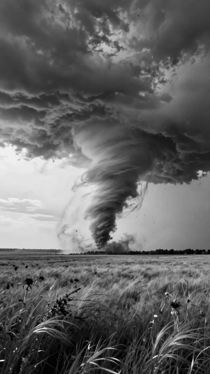A tornado tears across an open prairie over an open midwestern field.