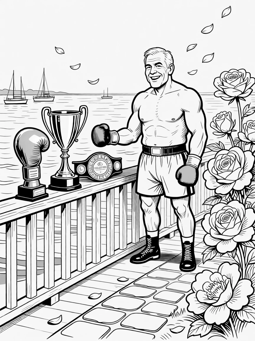 A retired boxer showing old trophies with pride, beaming proudly beside blooms twice the usual size, set on a porch overlooking a harbor. Rose petals drift gently onto the garden path. The scene radiates hard-won wisdom shared with love.