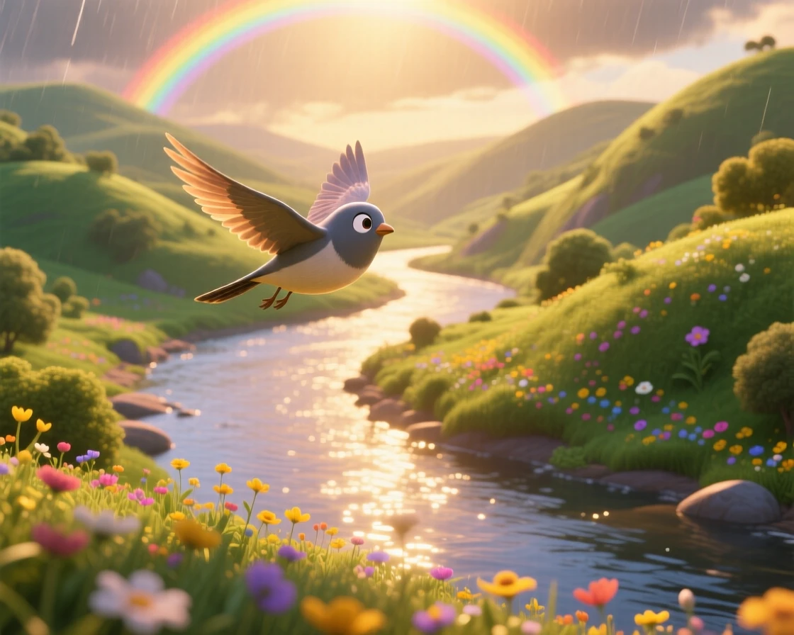 A winding river valley glows while a rainbow arcs faintly overhead after a storm, with a lone bird gliding silently overhead. A calming stillness settles over the landscape.
