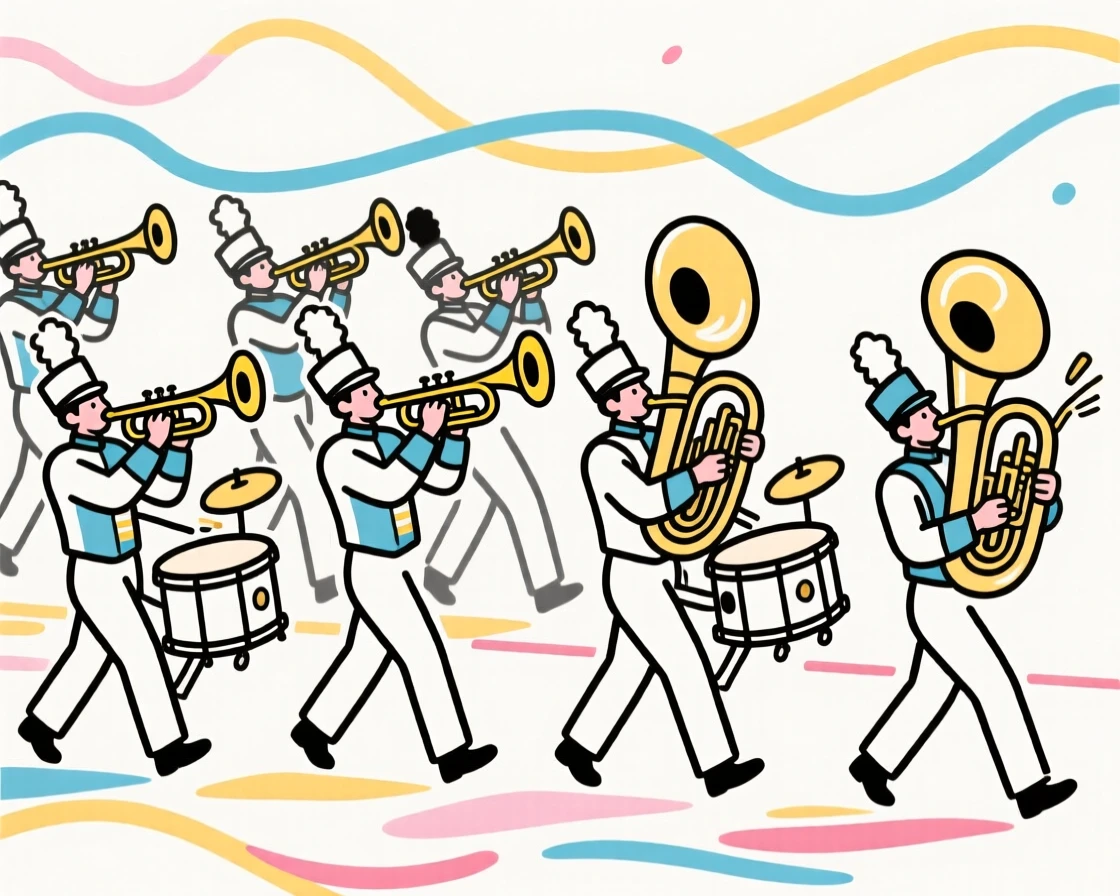 A marching band performing together during a parade.
