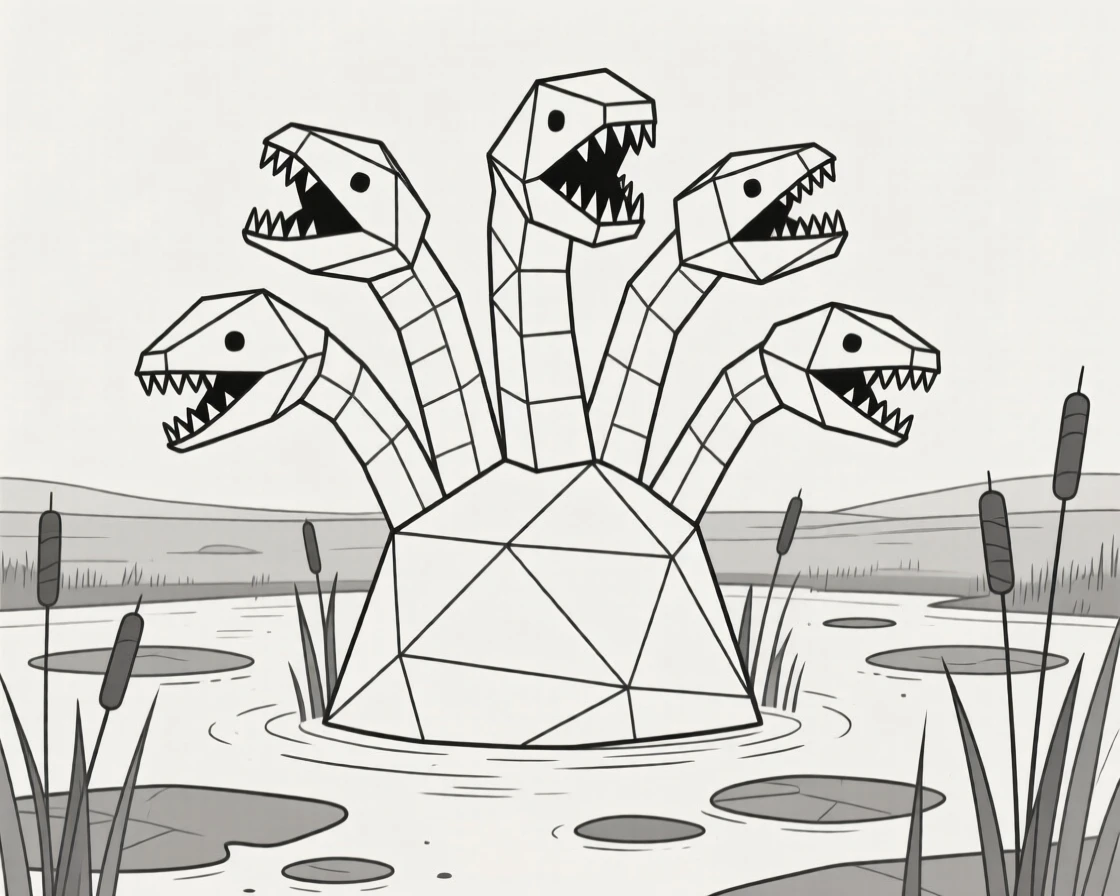 A hydra with multiple heads emerging from a swamp