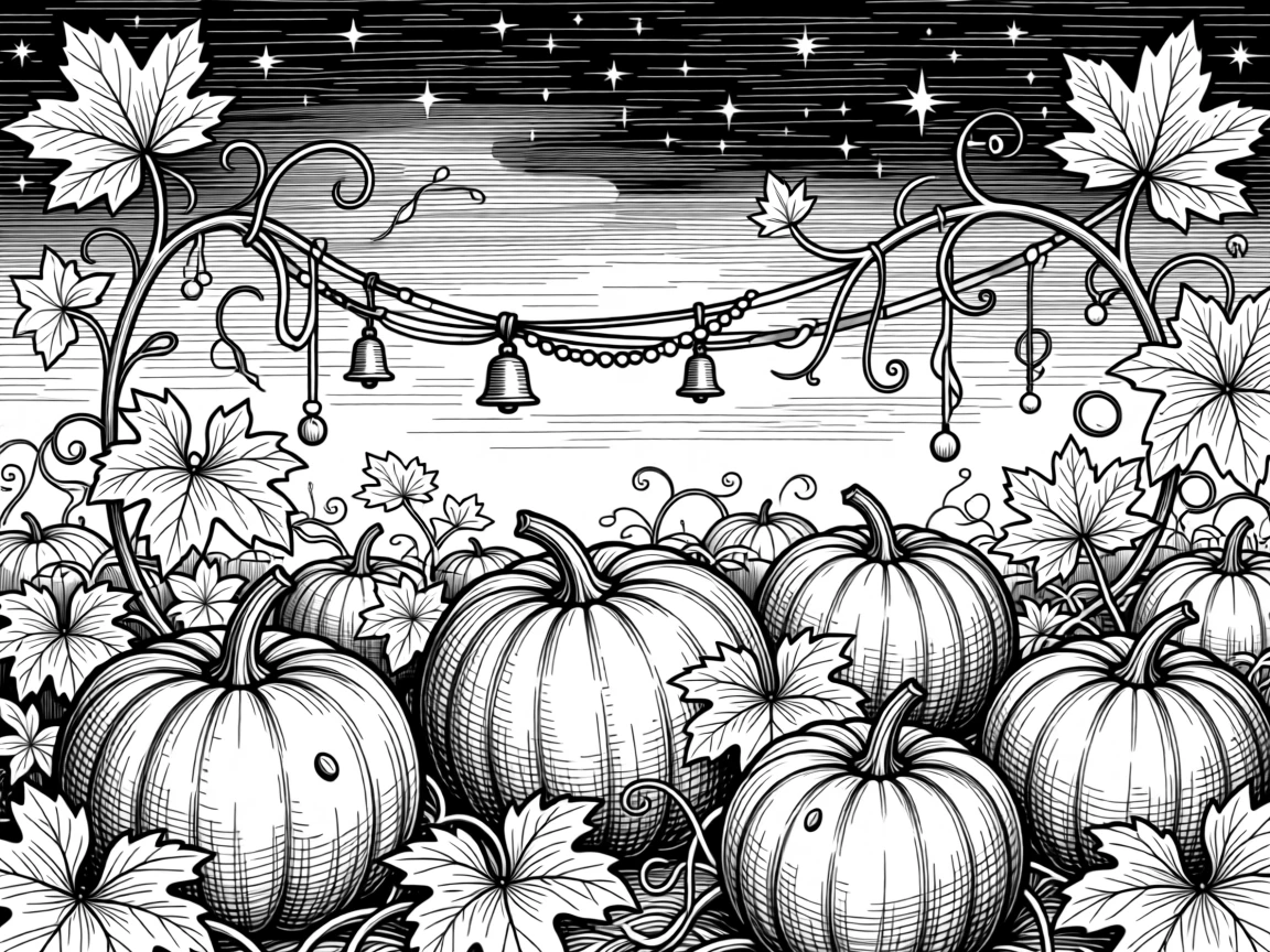 A pumpkin patch under a golden autumn sky beneath a sky full of summer stars, with ribbons and ornaments catching the light, capturing a quietly joyful seasonal moment.