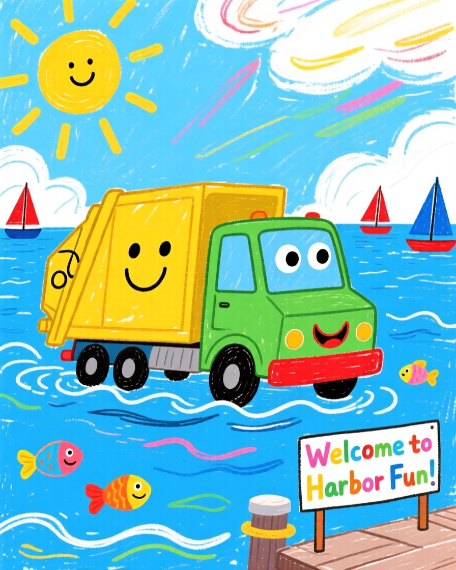 A friendly garbage truck sailing across a calm blue harbor.