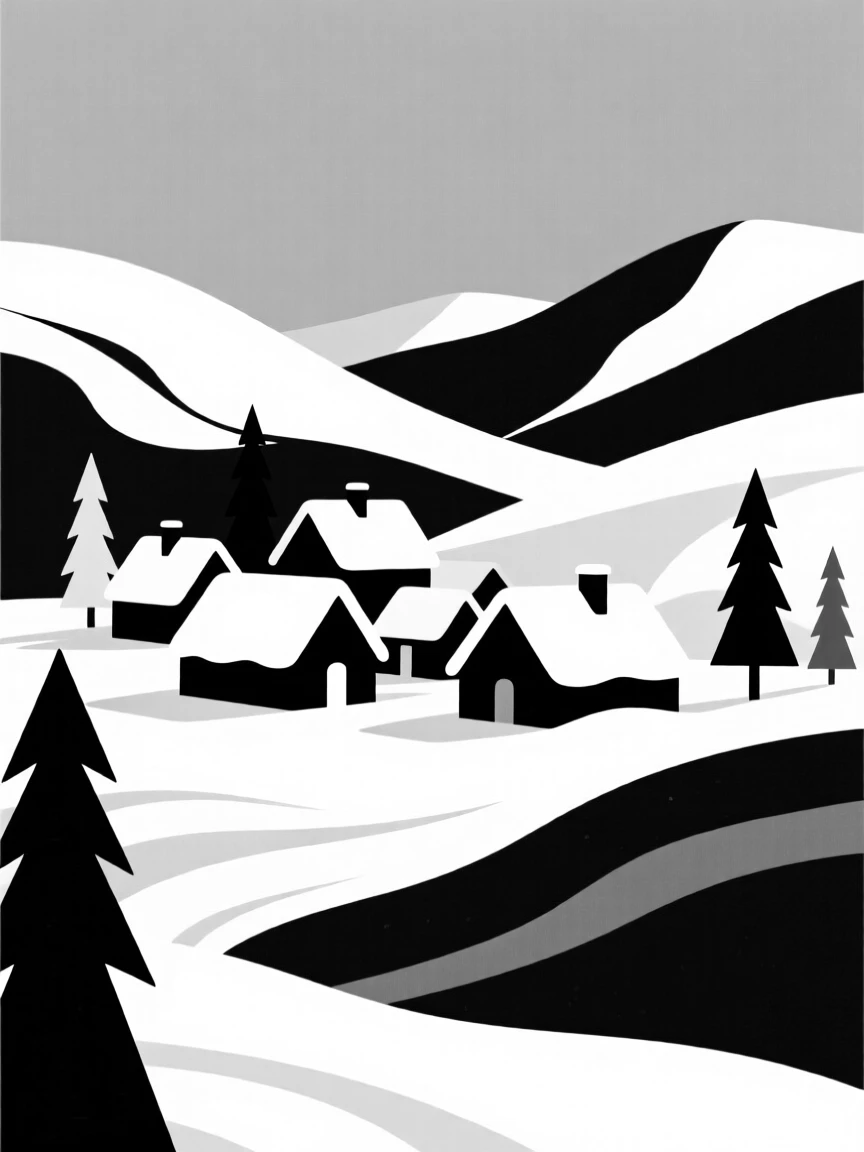 A snow-covered village nestled in a valley.